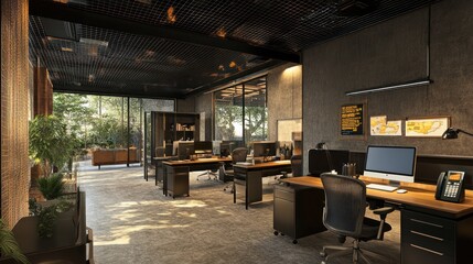 Modern Industrial Office Design:  A Serene Workspace with Natural Light