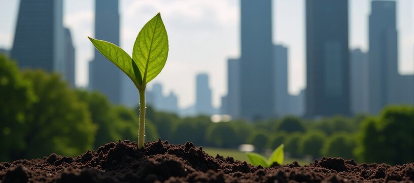 In a harmonious blend of nature and modernity a vibrant green plant bursts forth amidst towering skyscrapers showcasing the sustainable growth within a future cityscape