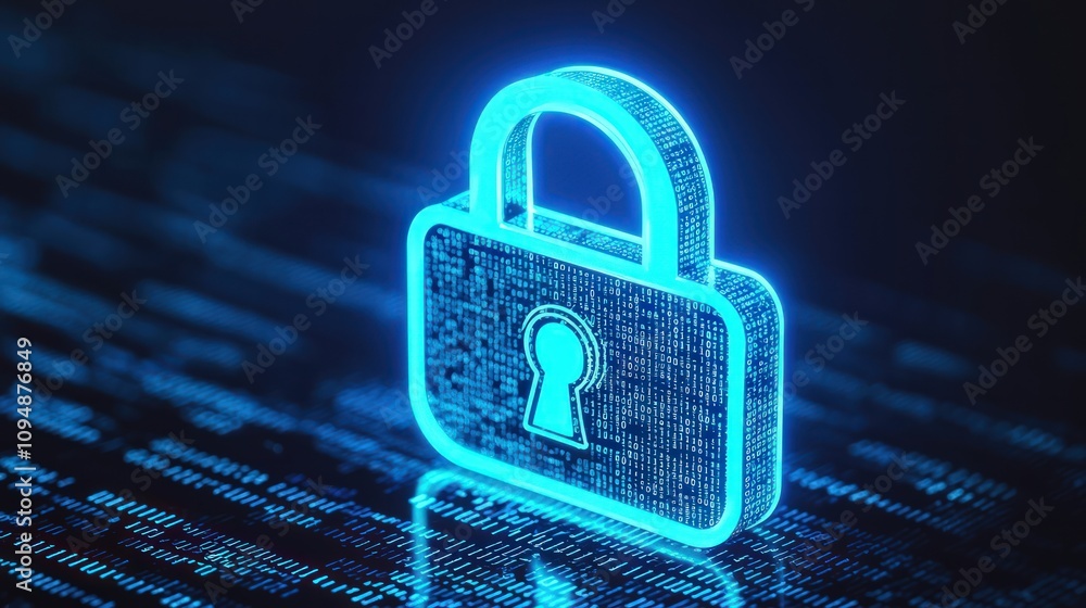 Poster digital lock symbol glowing in blue neon virtual environment graphic design technology concept for s