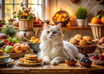 Captivating Food Photography Featuring a White Cat Surrounded by Delicious Dishes and Gourmet Treats in a Cozy Home Kitchen Setting, Evoking Warmth and Culinary Delight