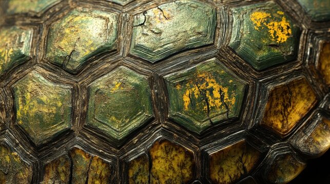 Close-up of a textured turtle shell showcasing its unique hexagonal pattern and colors.