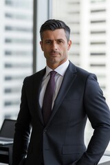 A man in a suit and tie stands in front of a window. He is wearing a tie with a zebra print