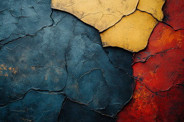 Fototapeta premium Abstract art featuring a textured surface with deep blue, golden yellow, and rich red hues. The cracked paint creates a dramatic, layered effect.