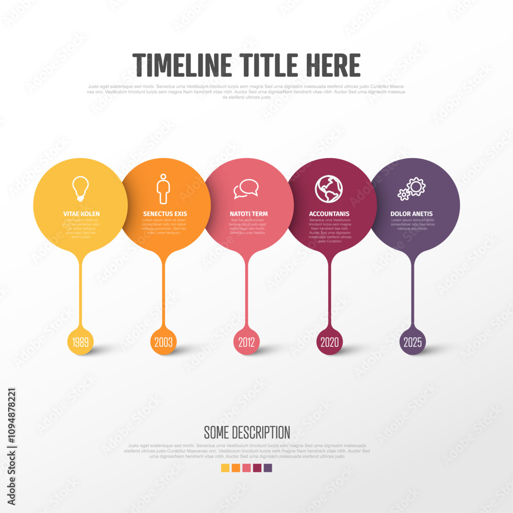 Poster multipurpose infographic template for company history on simple timeline made from big red pointers 