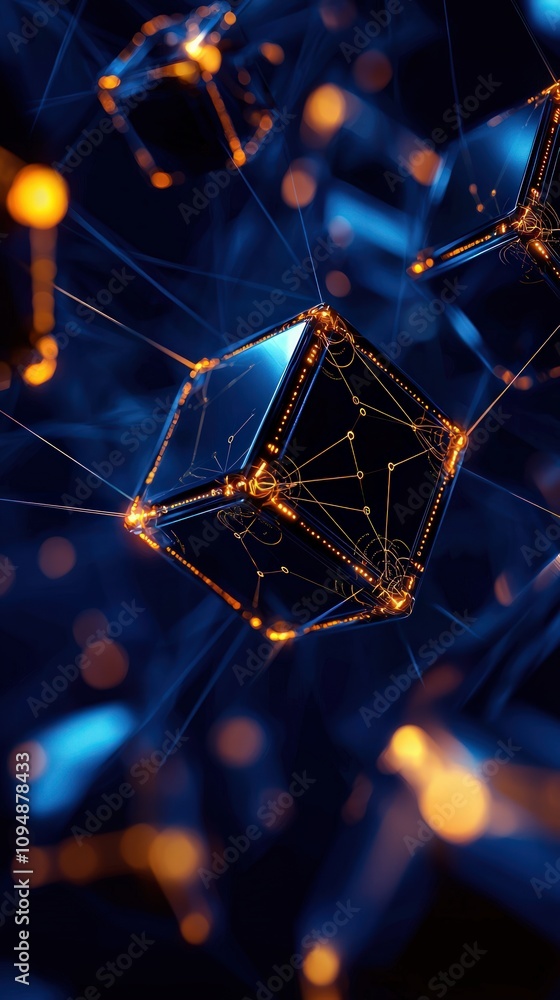 Poster exploration of interconnected floating cubes digital realm visual art cyber environment abstract per