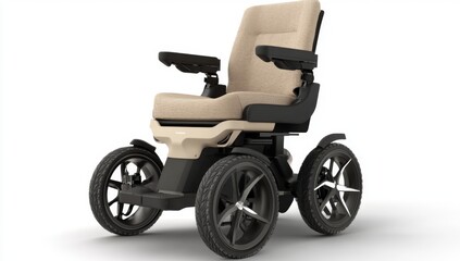 Fototapeta premium 3D Rendering of Electric Wheelchair with Beige Fabric Seat, Black Armrests, and Dark Gray Wheels on White Background