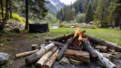 Campfire Burning in the Mountains with a Covered Item in the Background