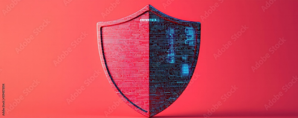 Poster digital code shield floating in a futuristic space concept art virtual environment medium view techn