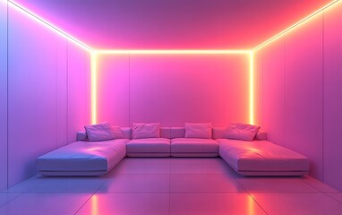White sectional sofa in room with pink and orange neon lights.