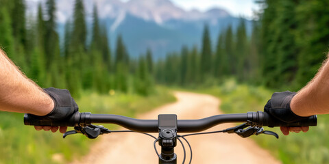 A close-up view of hands gripping a mountain bike handlebar on a dirt path, surrounded by lush green trees and distant mountains.