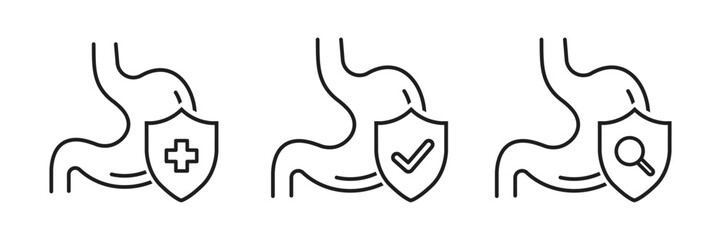 Colitis intestine icon set. Stomach with protected health sign. Check health bowel symbol for medical design. Vector illustration.

