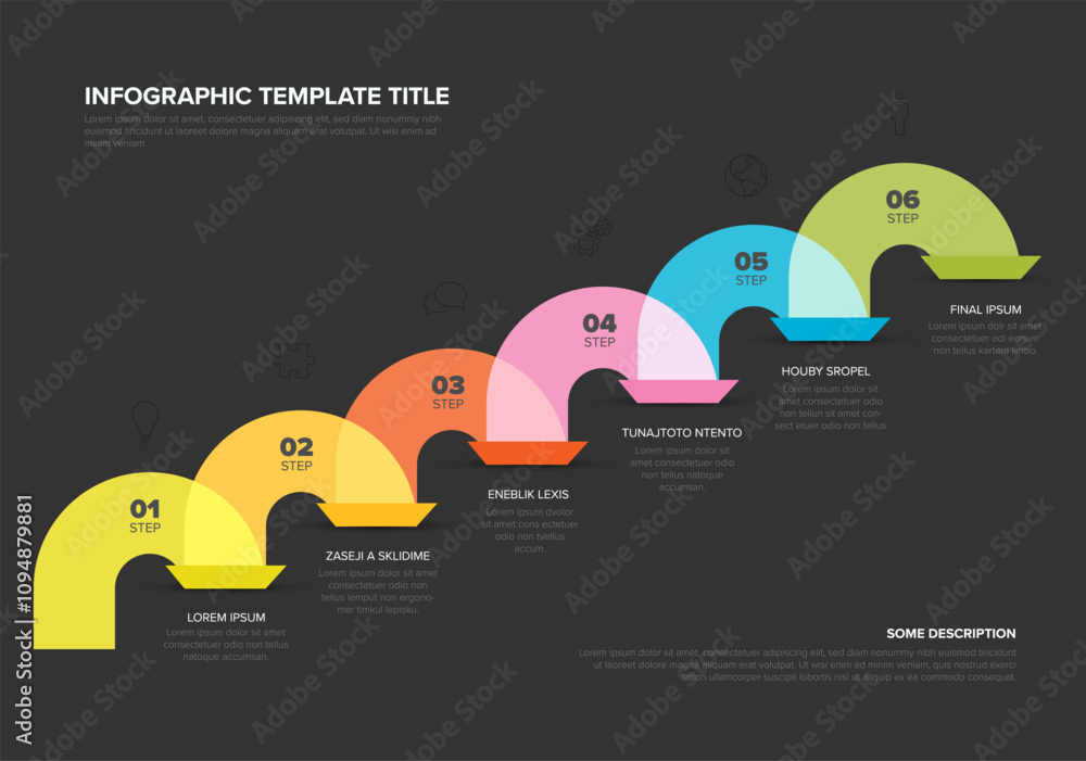 Poster Vector dark Infographic template with rounded color jumps in diagonal line with numbers icons titles and descriptions. Simple minimalistic stepss template with color arcs.