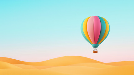 Minimalistic colorful hot air balloon hovering over hilly landscape pastel colors with space for text
