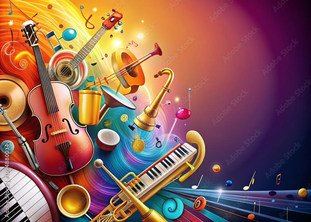 Poster captivating image of music notes and instruments with vibrant colors on the left, perfect for creati