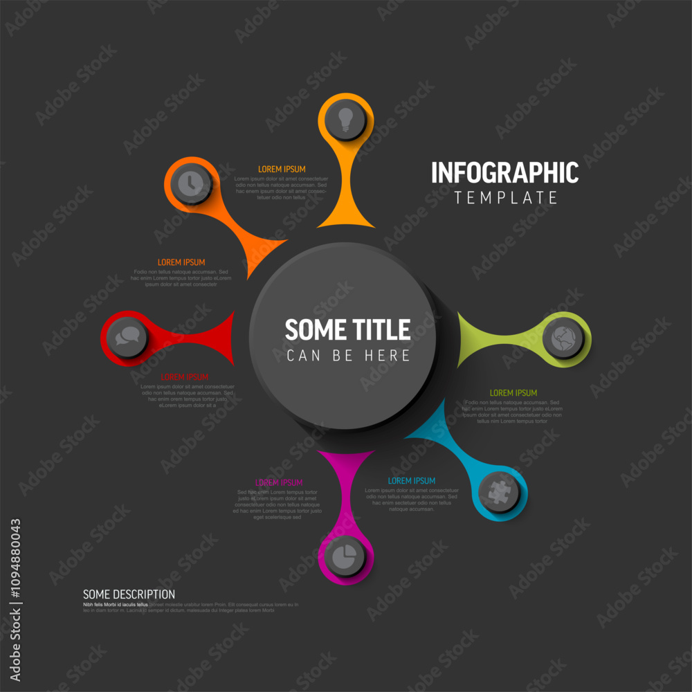 Poster simple colorful circular infographic design template with six element and big circle button with tit