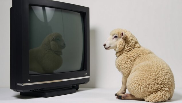 Sheep watching television symbolizing propaganda and media manipulation