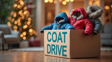 Donation box with children’s winter coats in festive room