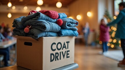 Coat drive donation box with folded jackets in a festive hall