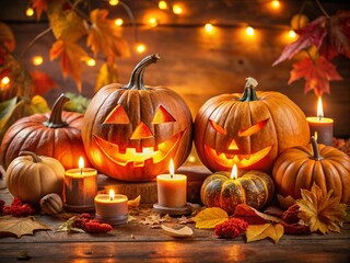 Fototapeta premium Captivating Jack O' Lanterns: A Collection of Spooky and Creative Pumpkin Designs for Halloween Celebrations and Autumn Decorations