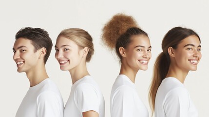 Obraz premium Four young people with different hairstyles stand in profile, all wearing plain white shirts, radiating joy and warmth while emphasizing their distinct looks and personalities.