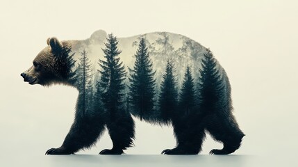 A bear walks gracefully, its body intertwined with a forest scene, illustrating the beauty of wildlife and nature's interconnectedness. This artistic representation evokes a sense of tranquility.