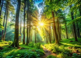 Obraz premium Captivating Landscape of a Remote Forest with Glowing Sunlight Filtering Through Trees, Evoking a Sense of Tranquility and Connection to Nature in a Serene Environment