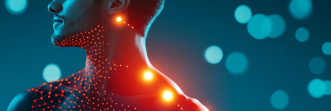 Muscular Man with Network of Body and Pain Points Highlighted in Red and Orange on Blue Background