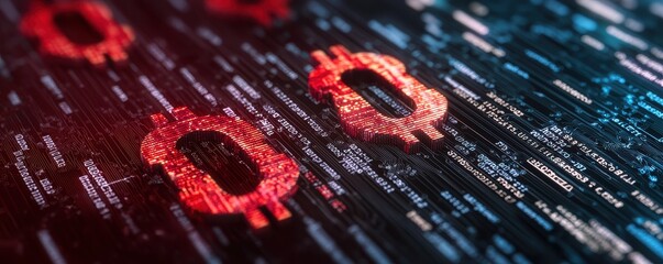 internationaleconomics  foreignexchange  agreements concept. Digital representation of cryptocurrency with red symbols on a binary code background, highlighting technology and finance.