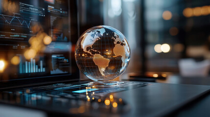 digital globe on laptop symbolizes global connectivity and data analysis