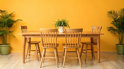 Naklejka premium Wooden Dining Table with Four Chairs and Plants against a Yellow Wall