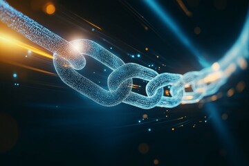 Digital representation of a glowing blue chain link with orange light rays. Blockchain technology and network security concept