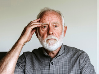 Obraz premium Portrait of Elderly Man in Thought, Touching Head with Reflective Expression 