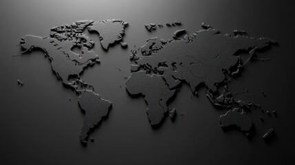 A detailed representation of a world map in gold tones set against a matte black background. This artistic piece adds elegance and sophistication to any modern interior space.