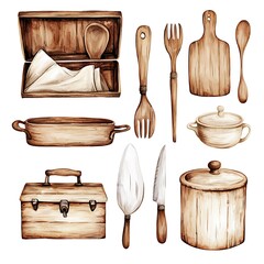 Watercolor illustration of rustic wooden kitchen utensils and containers, perfect for vintage or farmhouse-style designs.