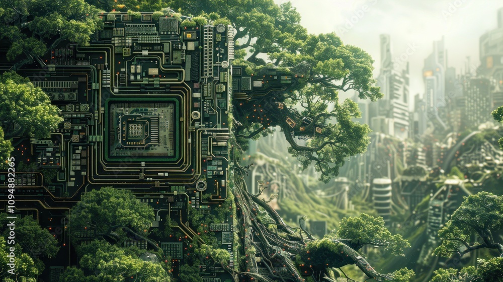 Poster a fusion of nature and technology, showcasing a tree intertwined with circuit patterns.