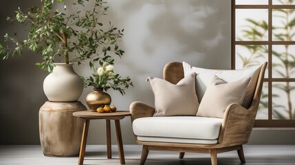 Rustic-inspired modern living room with a white wing chair, rattan vase, and wood accents against a white wall. Tranquil and inviting home interior.