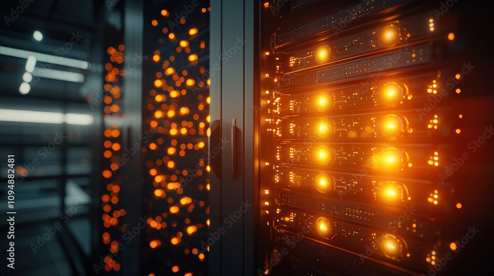 Poster encrypted storage illuminated data center digital art high-tech environment close-up view midjourney