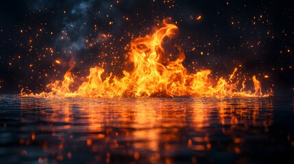 Mesmerizing campfire flames dance with perfect reflection on water, sparks illuminate dark night sky, creating mystical ambiance with vibrant orange and yellow hues.