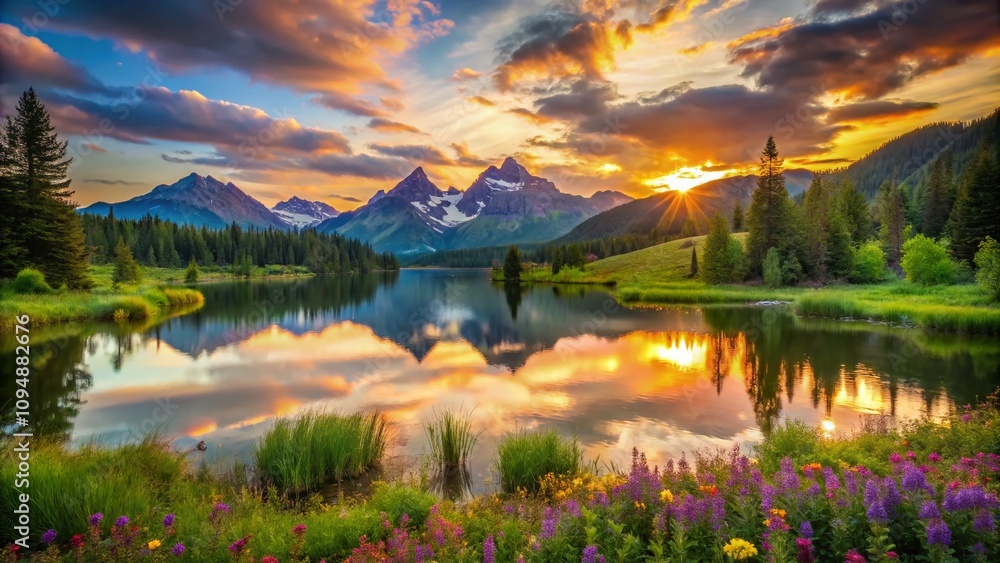 Poster captivating landscape with dynamic composition using the rule of thirds: a serene sunset over a tran