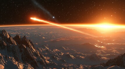 A stunning cosmic scene depicting a meteor streaking across a mountainous landscape at sunrise.