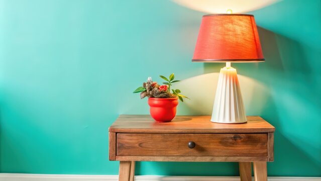 Red Lamp with a Plant on a Wooden Table Against a Teal Wall - Powered by Adobe