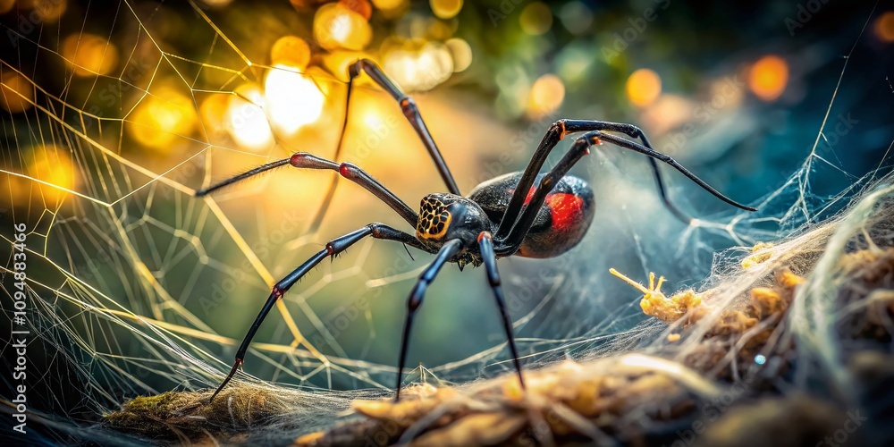 Poster captivating long exposure image of a black widow spider in its natural habitat, showcasing intricate