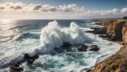 A View of the Ocean from a High Cliff with Waves