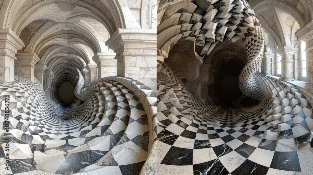 Poster a surreal architectural space featuring warped checkered patterns and deep, shadowy passages.