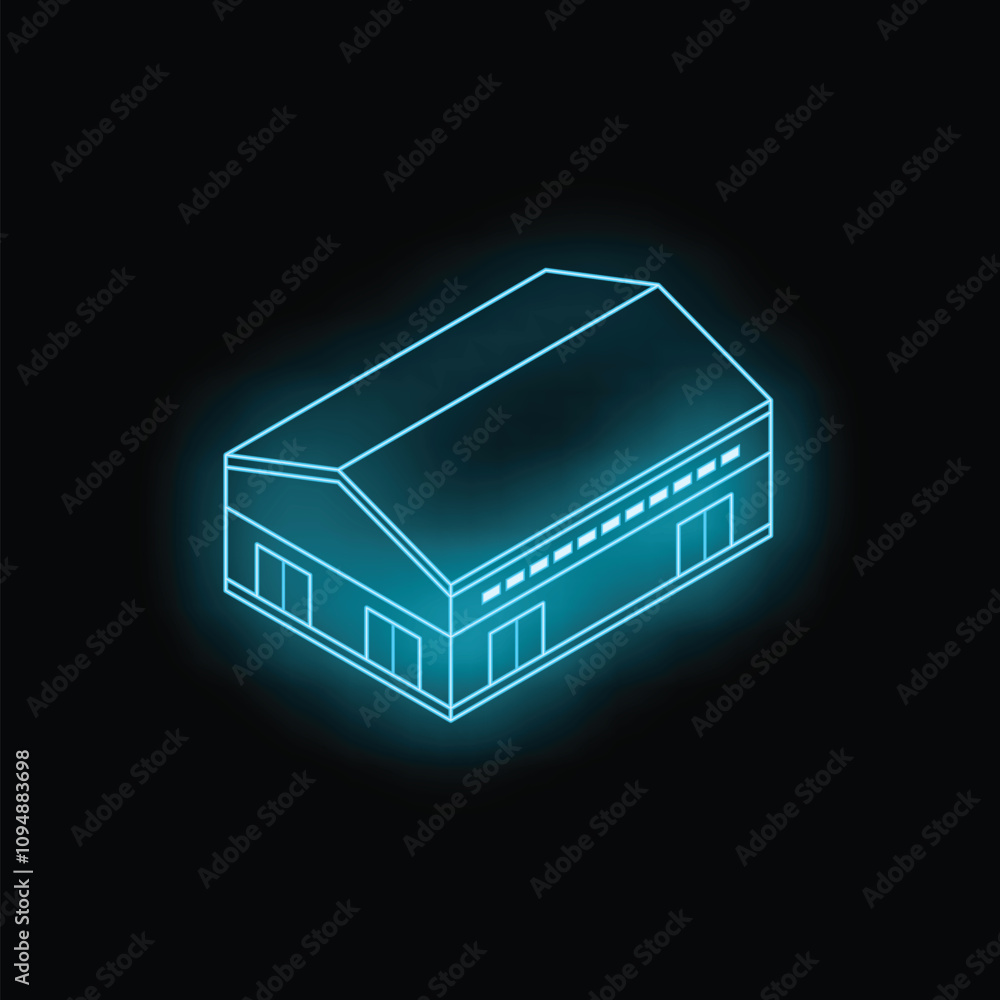 Poster neon glowing outline of a warehouse building with loading docks