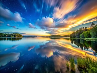 Captivating Long Exposure Landscape of a Serene Lake at Dusk with Starry Sky Reflections, Creating a Dreamy Atmosphere and Highlighting Nature's Tranquility and Beauty