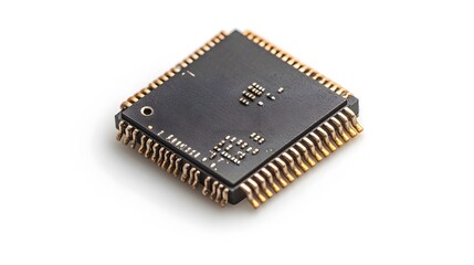 Detailed circuit board and microchip photographed on pristine white surface, highlighting technological precision and industrial components in clean composition.