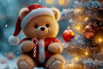 Adorable Teddy Bear in Santa Suit by a Festive Christmas Tree