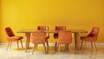 Dining Room Table with Brown Leather Chairs against a Yellow Wall