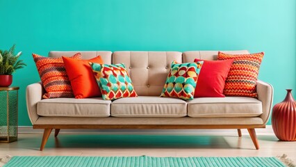 Beige Sofa with Colorful Pillows in Front of a Teal Wall